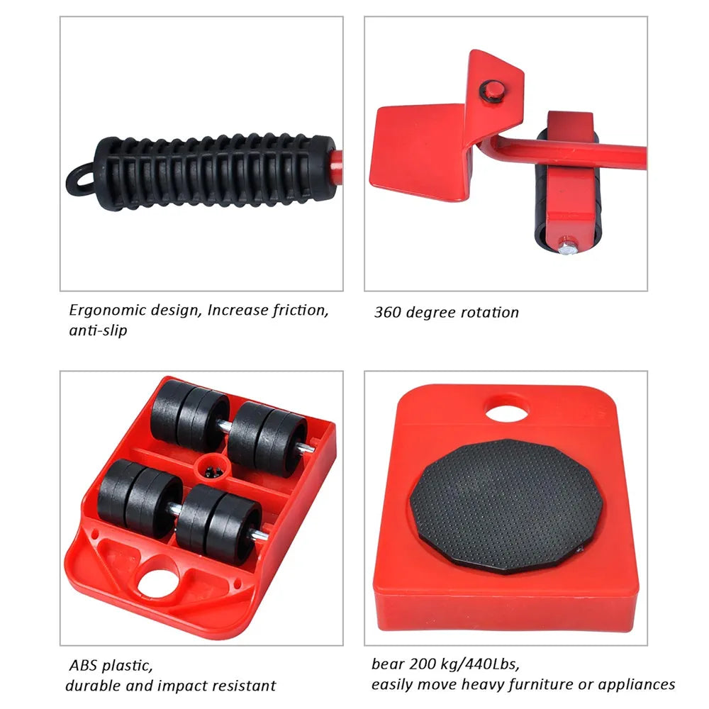 مجموعة رافعة لنقل الاثاث مع 4 قطع بعجلات انزلاقية تتحمل حتى 150 كجم للكنبة والثلاجة والغسالة والسرير 5 قطع - احمر