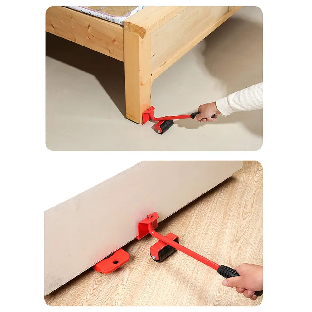 مجموعة رافعة لنقل الاثاث مع 4 قطع بعجلات انزلاقية تتحمل حتى 150 كجم للكنبة والثلاجة والغسالة والسرير 5 قطع - احمر