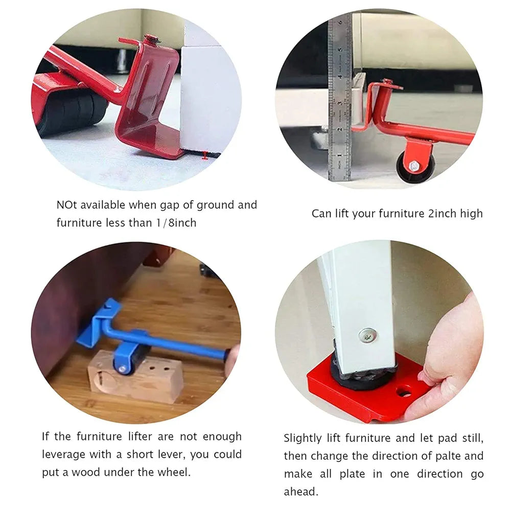 مجموعة رافعة لنقل الاثاث مع 4 قطع بعجلات انزلاقية تتحمل حتى 150 كجم للكنبة والثلاجة والغسالة والسرير 5 قطع - احمر