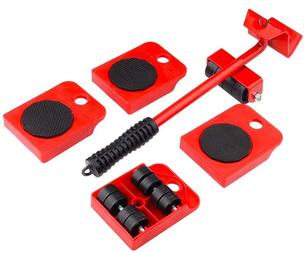 مجموعة رافعة لنقل الاثاث مع 4 قطع بعجلات انزلاقية تتحمل حتى 150 كجم للكنبة والثلاجة والغسالة والسرير 5 قطع - احمر